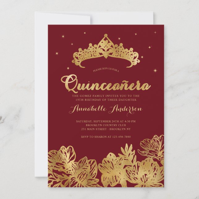 Invitación Clásico Burgundy Red Gold Quinceañera Floral Tiara (Anverso)