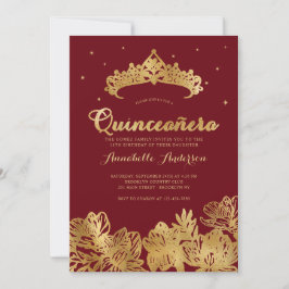 Invitación Clásico Burgundy Red Gold Quinceañera Floral Tiara