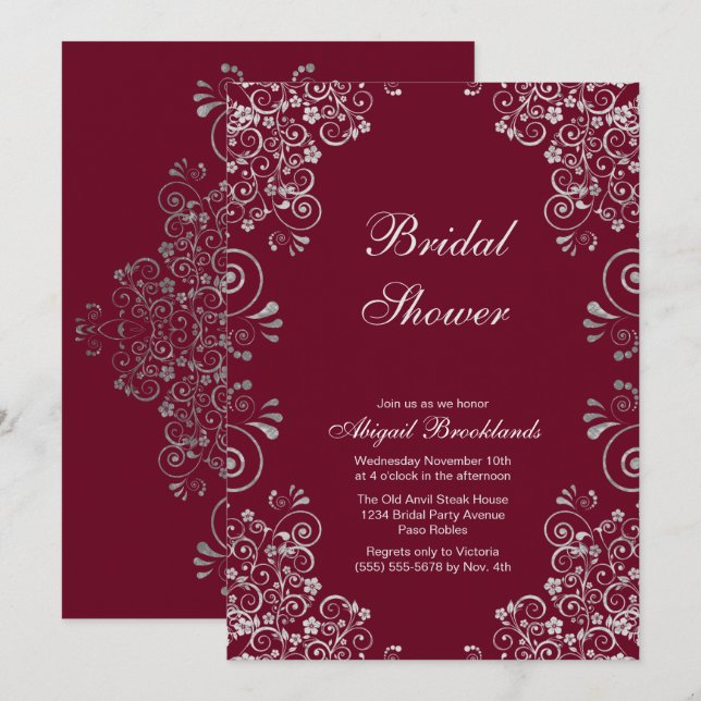 Invitación Clásico Burgundy Silver Scrolls Bridal Shower (Anverso / Reverso)