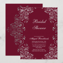 Invitación Clásico Burgundy Silver Scrolls Bridal Shower