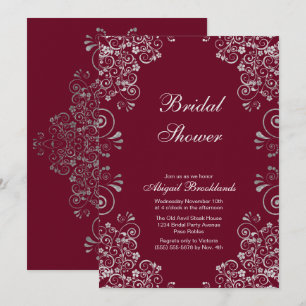 Invitación Clásico Burgundy Silver Scrolls Bridal Shower