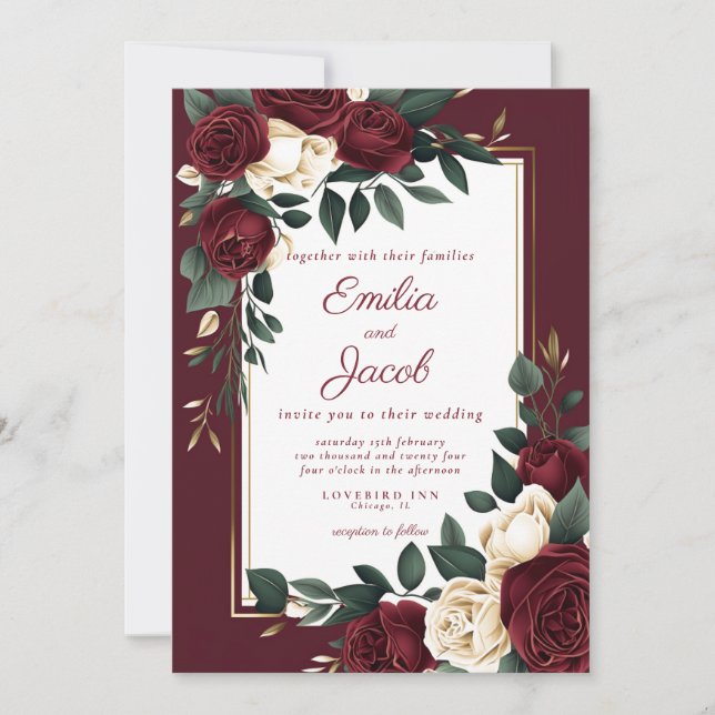 Invitación Clásico Burgundy White Rose Floral Gold Boda I (Anverso)