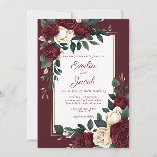 Invitación Clásico Burgundy White Rose Floral Gold Boda I