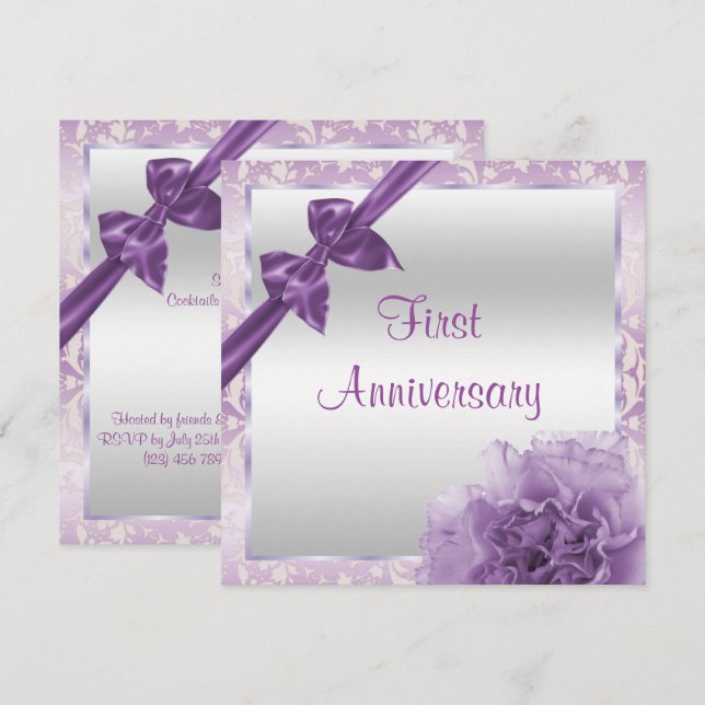 Invitación Clásico Carnation & Bow Primer Aniversario Boda (Anverso / Reverso)