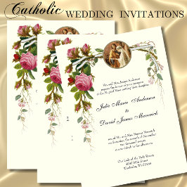 Invitación Clásico Católico Elegante Boda de Rosas de Marfil