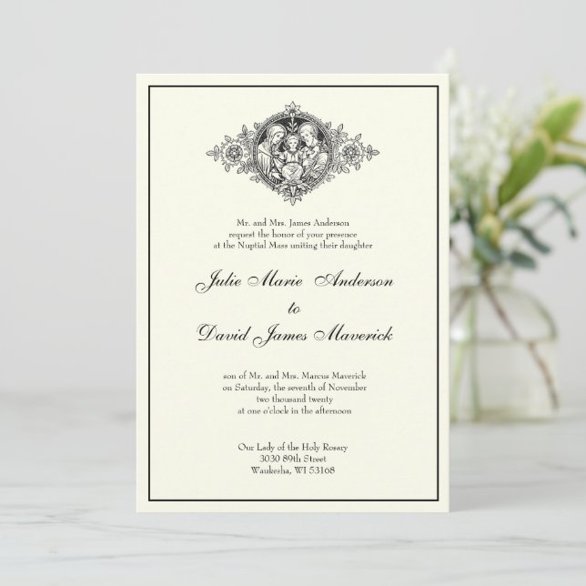 Invitación Clásico Católico Elegante Boda Religioso de Marfil (Anverso de pie)