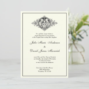 Invitación Clásico Católico Elegante Boda Religioso de Marfil