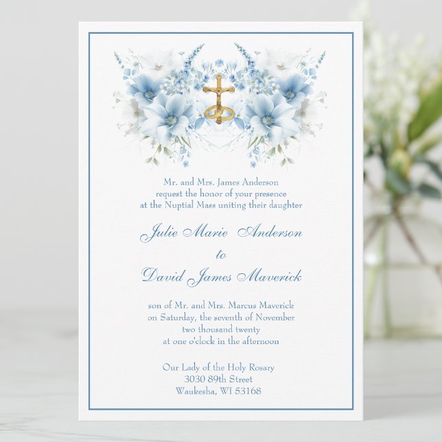Invitación Clásico católico Floral Azul Boda religioso (Subido por el creador)
