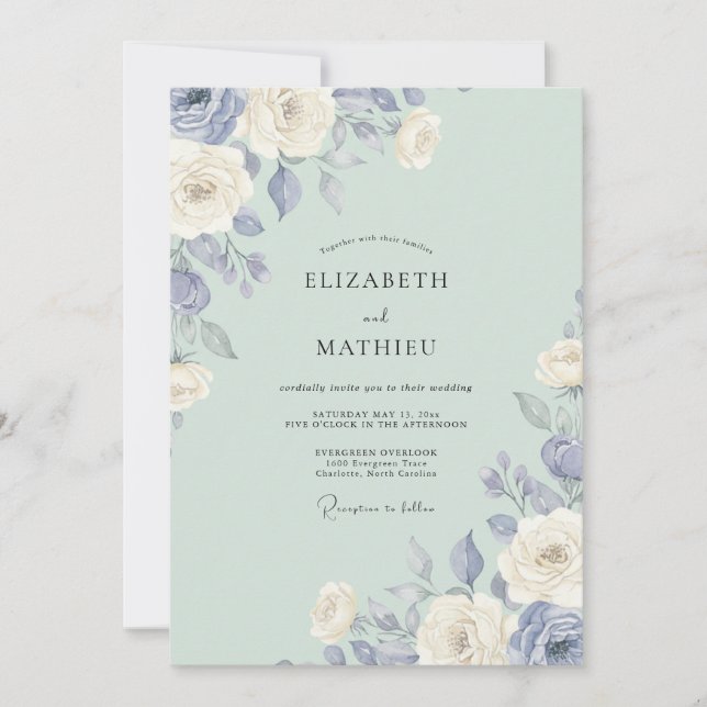 Invitación Clásico Celadón Boda de Peonía Periwinkle (Anverso)