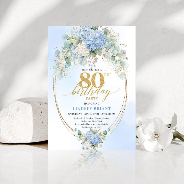 Invitación Clásico Celebración de 80 Cumpleaños Dusty Blue Go (Classic Dusty Blue Gold 80th Birthday Celebration Invite)