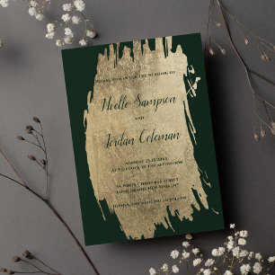 Invitación Clásico cepillo de oro verde oscuro pinceladas mod
