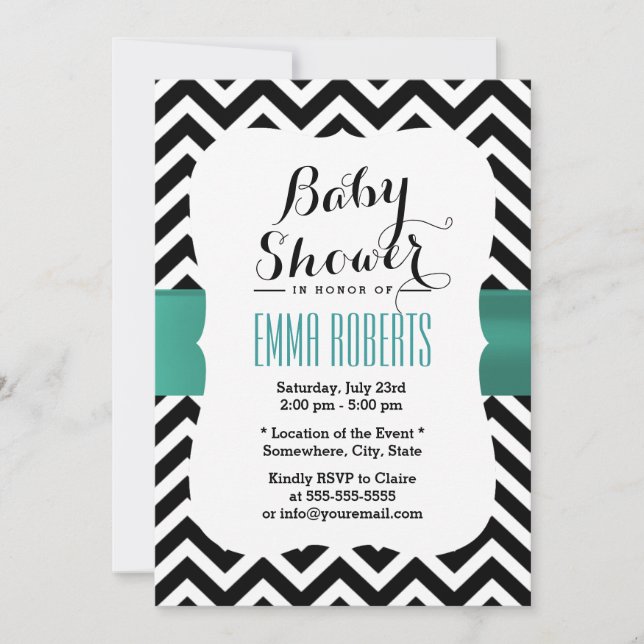 Invitación Clásico Chevron Stripes Cinta Verde azulada Baby S (Anverso)