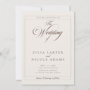 Invitación Clásico Choco Marrón Marfil Caligrafía QR Boda
