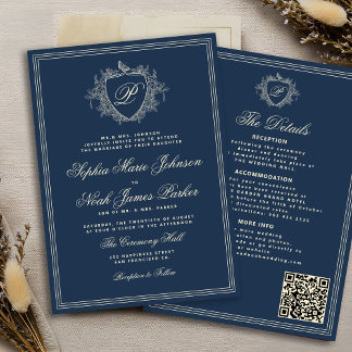 Invitación Clásico código QR azul marino monograma formal bod