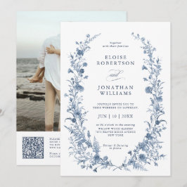 Invitación Clásico código QR azul victoriano francés de boda
