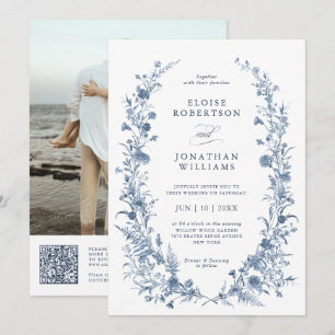 Invitación Clásico código QR azul victoriano francés de boda