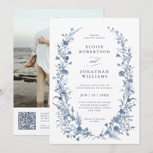 Invitación Clásico código QR azul victoriano francés de boda (Anverso / Reverso)