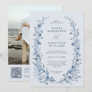Invitación Clásico código QR azul victoriano francés de boda