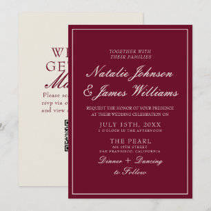 Invitación Clásico Código QR de Boda de Burgundy Antiguo Dine