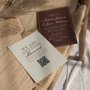 Invitación Clásico Código QR de Boda de Chocolate Marrón Dine