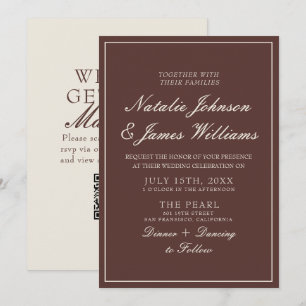 Invitación Clásico Código QR de Boda de Chocolate Marrón Dine