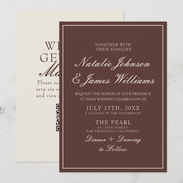 Invitación Clásico Código QR de Boda de Chocolate Marrón Dine (Anverso / Reverso)
