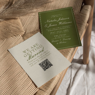 Invitación Clásico Código QR de Boda en Verde Oliva de Dinero