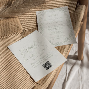 Invitación Clásico código QR de boda en verde salvia de diner