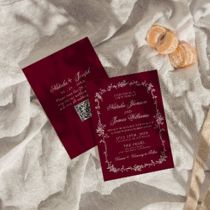 Invitación Clásico Código QR de Boda Floral Rojo Oscuro con E