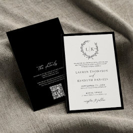 Invitación Clásico código QR de boda monograma blanco negro