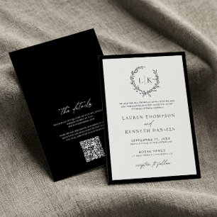 Invitación Clásico código QR de boda monograma blanco negro