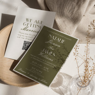 Invitación Clásico Código QR de Boda Verde Oliva Antiguo Dine