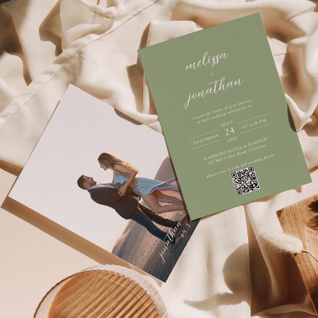 Invitación Clásico Código QR de Bodas con Letra de Foto Verde (Subido por el creador)