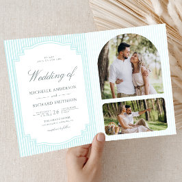 Invitación Clásico Código QR de Foto de Boda a Rayas Azul Pas