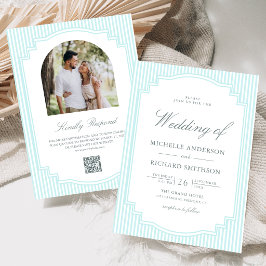 Invitación Clásico Código QR de Foto Rayada Azul Pastel Boda