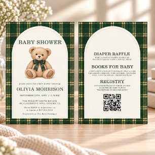 Invitación Clásico código QR de oso de cuadros verdes para ba