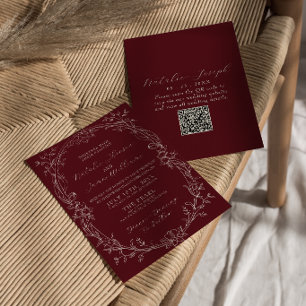 Invitación Clásico Código QR Floral Borgoña Dinero Antiguo Bo