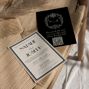 Invitación Clásico Código QR Retro de Boda Marfil Negro Diner