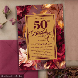 Invitación Clásico color rojo oscuro dorado floral 50 cumplea