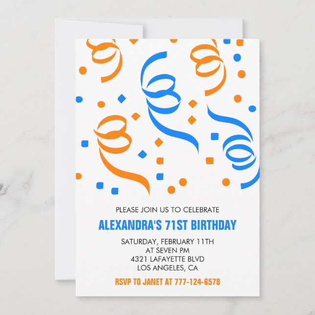 Invitación Clásico Confeti Azul Naranja cumpleaños 71 (Anverso)