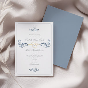 Invitación Clásico Corazón de Boda Dorado Azul Polvoriento