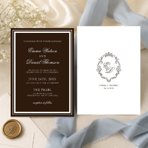 Invitación Clásico Crest Monograma de Bodas Marrón Chocolate