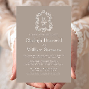 Invitación Clásico Crest Monograma Taupe Boda