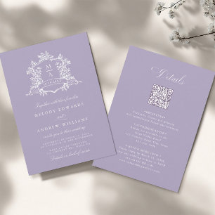 Invitación Clásico Cresta Floral Lavanda Boda Todo en Uno