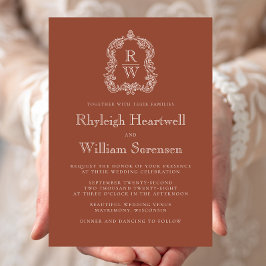Invitación Clásico Crestón de Monograma Terracota Boda