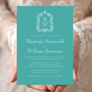 Invitación Clásico Crestón de Monograma Turquesa Boda