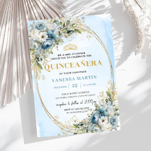 Invitación Clásico Cumpleaños 15 Años Pastel Azul Dorado Euca