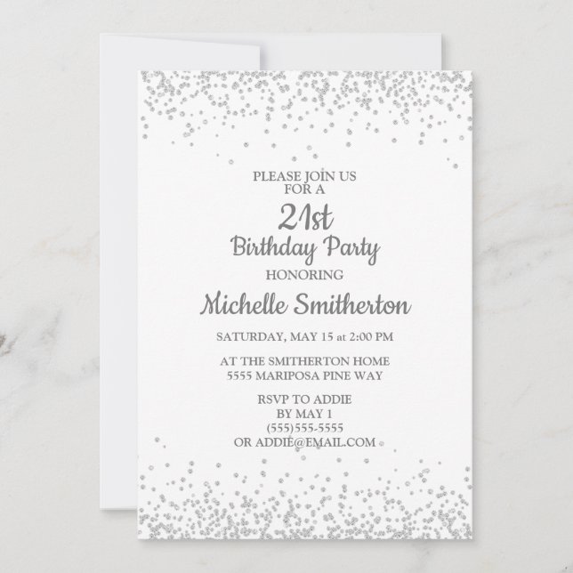 Invitación Clásico Cumpleaños 21 Elegante Blanco Glitter Plat (Anverso)