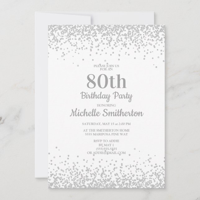 Invitación Clásico Cumpleaños 80 Elegante Blanco Plata Brilla (Anverso)