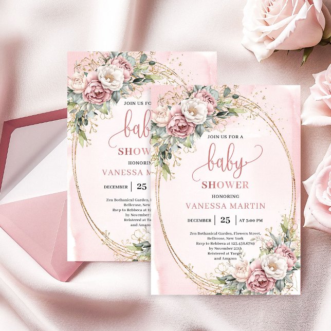 Invitación Clásico Cumpleaños de Bebé Floral Rosa Eucalipto (Classic Blush Pink Floral Eucalyptus Baby Shower)